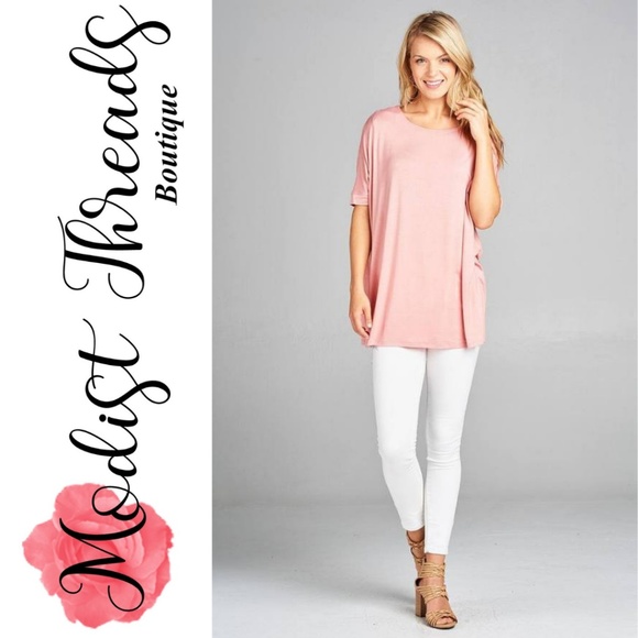 Pink Elbow Sleeve Round Neck Jersey Tunic Top - Picture 3 of 3